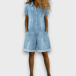 Federica - Salopette corta in cotone effetto denim - vista laterale | Emma e Gemma