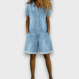 Federica - Salopette corta in cotone effetto denim - vista laterale | Emma e Gemma