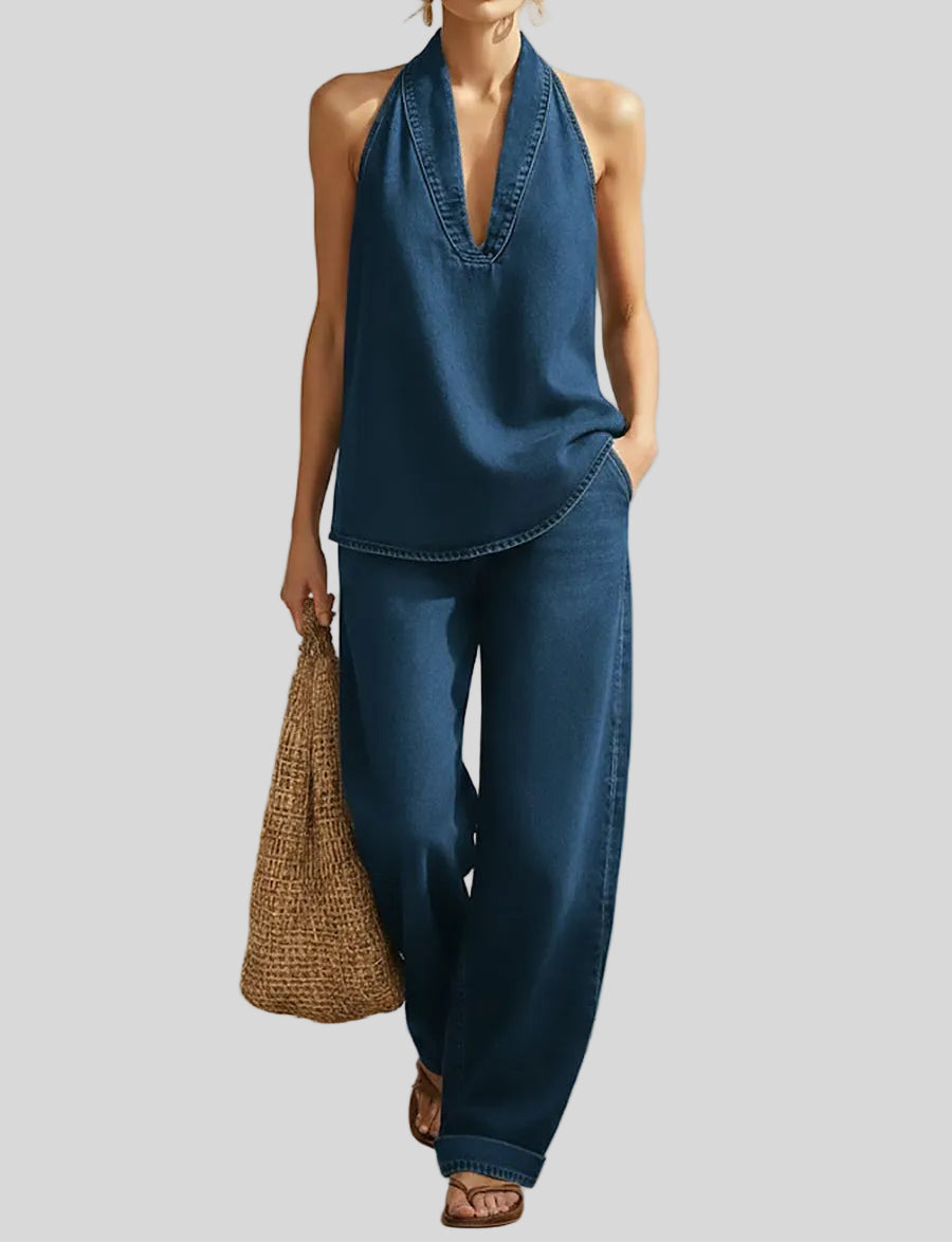 Simona - Completo due pezzi in denim vintage - dettaglio del tessuto denim | Emma e Gemma
