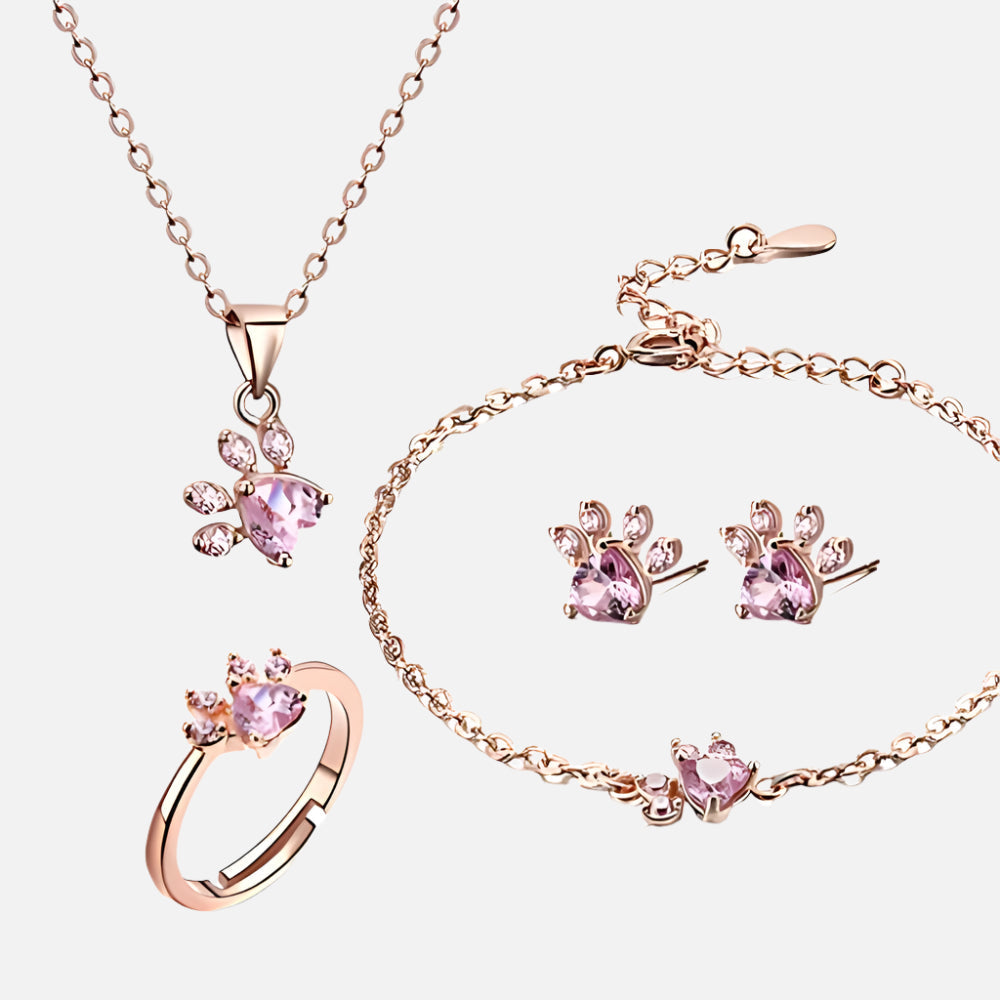 Set di Gioielli con Zampa in Oro Rosa – 4 Pezzi con Cuore in Zirconia (Anello, Collana, Orecchini, Bracciale) - Emma e Gemma
