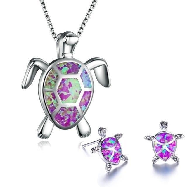 Collana e Orecchini a Forma di Tartaruga Marina in Opale e Argento | Gioielli Sostenibili Ispirati all'Oceano