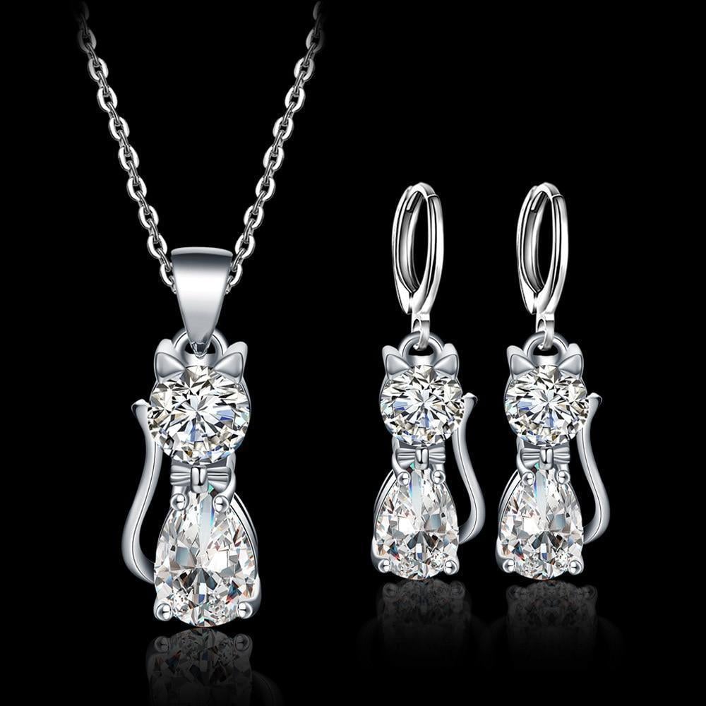 Set Collana + Orecchini Gatti Felici in Argento Sterling e Zirconio Bianco Lucido - Emma e Gemma