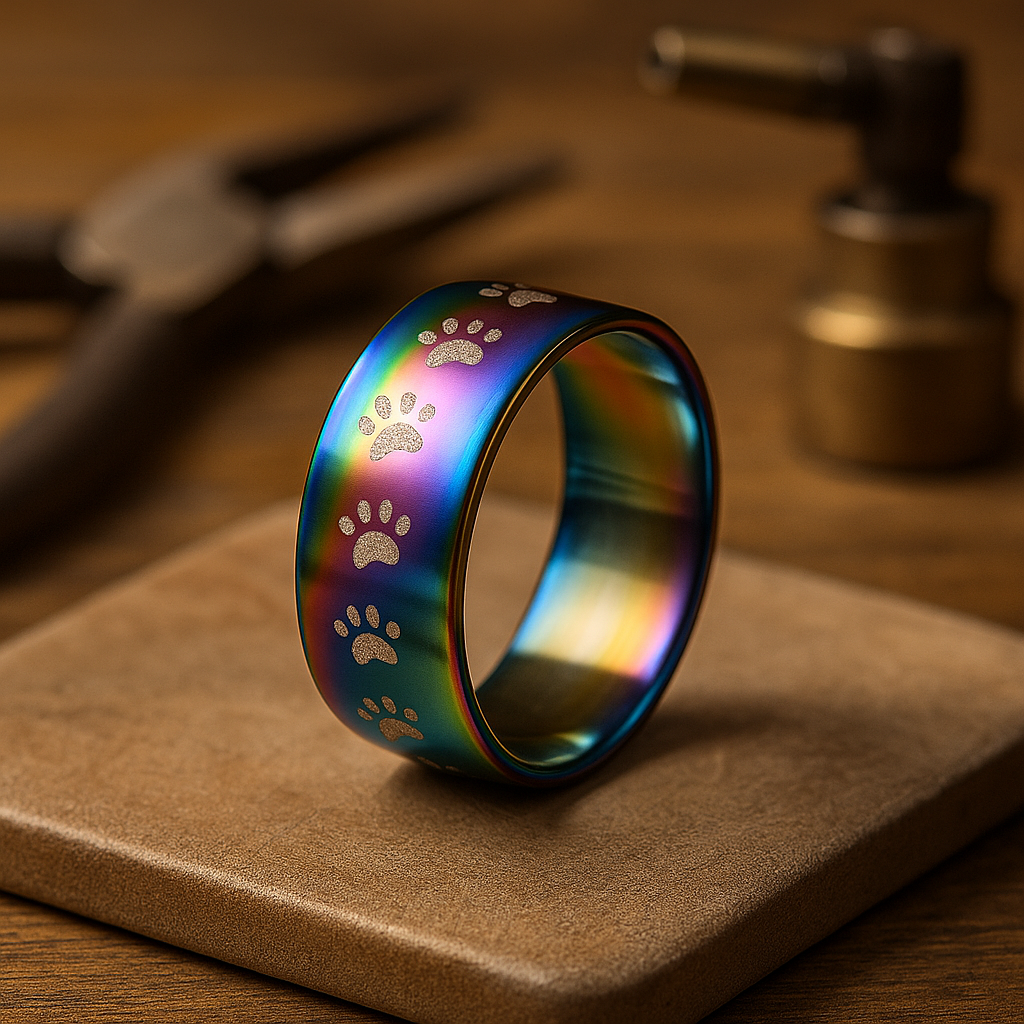 Anello in Acciaio Inossidabile con Impronta di Zampa Arcobaleno - Emma e Gemma