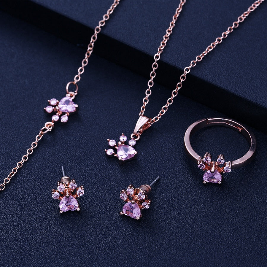 Set di Gioielli con Zampa in Oro Rosa – 4 Pezzi con Cuore in Zirconia (Anello, Collana, Orecchini, Bracciale), immagine 2 - Emma e Gemma