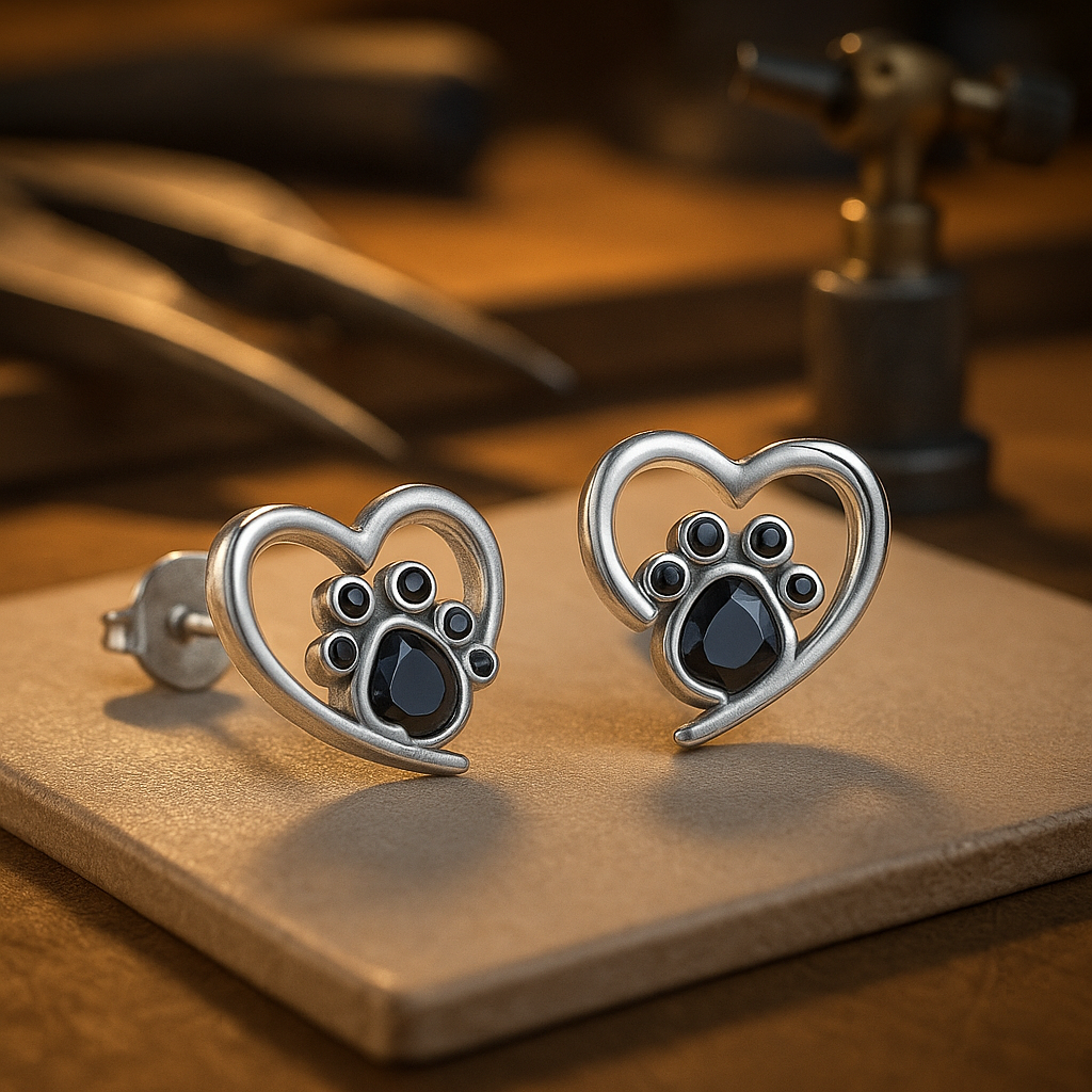 Orecchini a Perno a Forma di Cuore e Zampa – Argento con Smalto Nero - Emma e Gemma